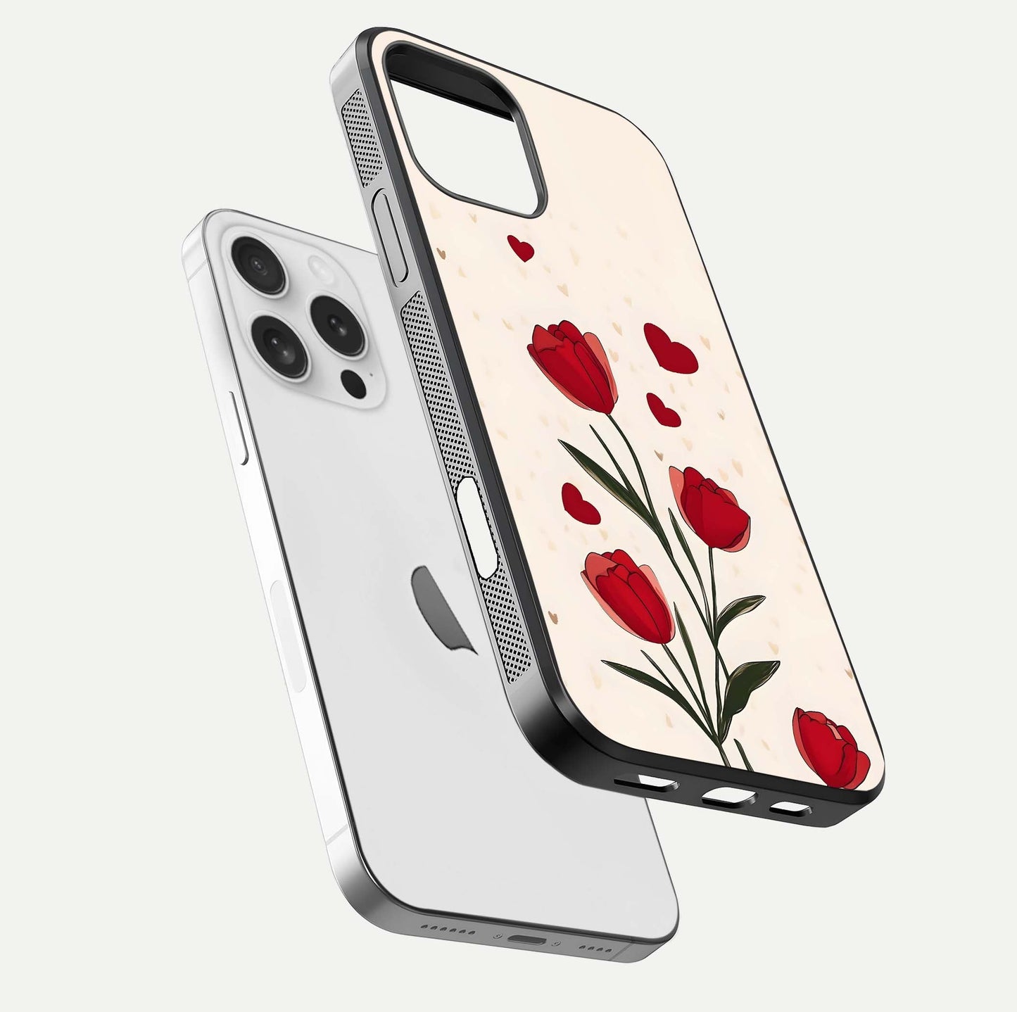 Tulip With Heart Glass Case for iPhone 16 Pro floating dual-view mockup displaying gloss texture and shine