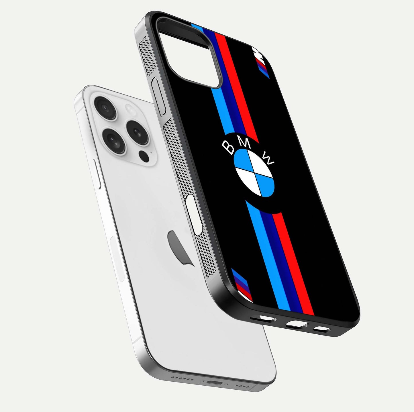 Turbo BMW Beast Glass Case for iPhone 16 Pro floating dual-view mockup displaying gloss texture and vivid print
