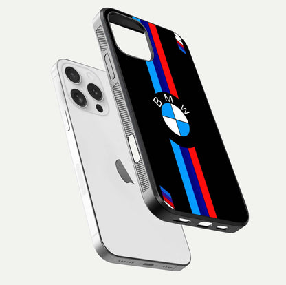 Turbo BMW Beast Glass Case for iPhone 16 Pro floating dual-view mockup displaying gloss texture and vivid print