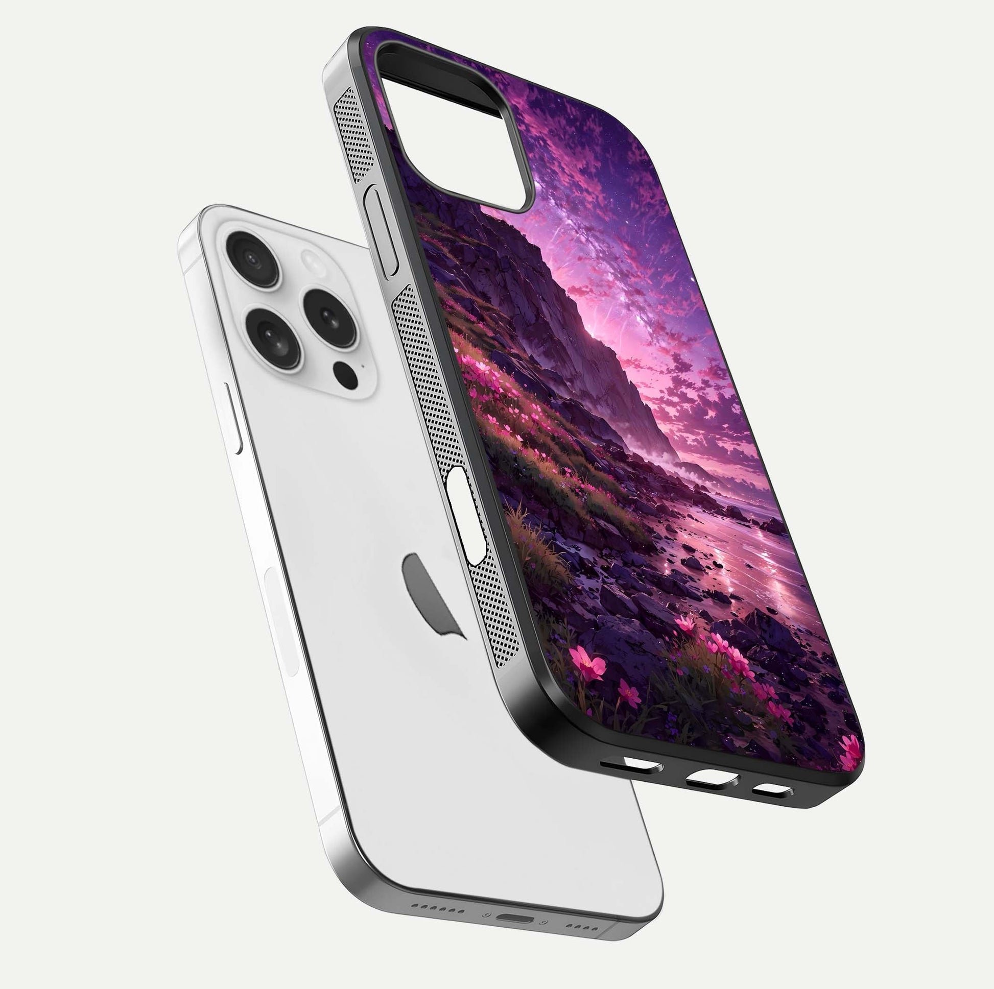 Twilight Blossom Coast Glass Case for iPhone 16 Pro floating dual-view mockup displaying gloss surface and detail