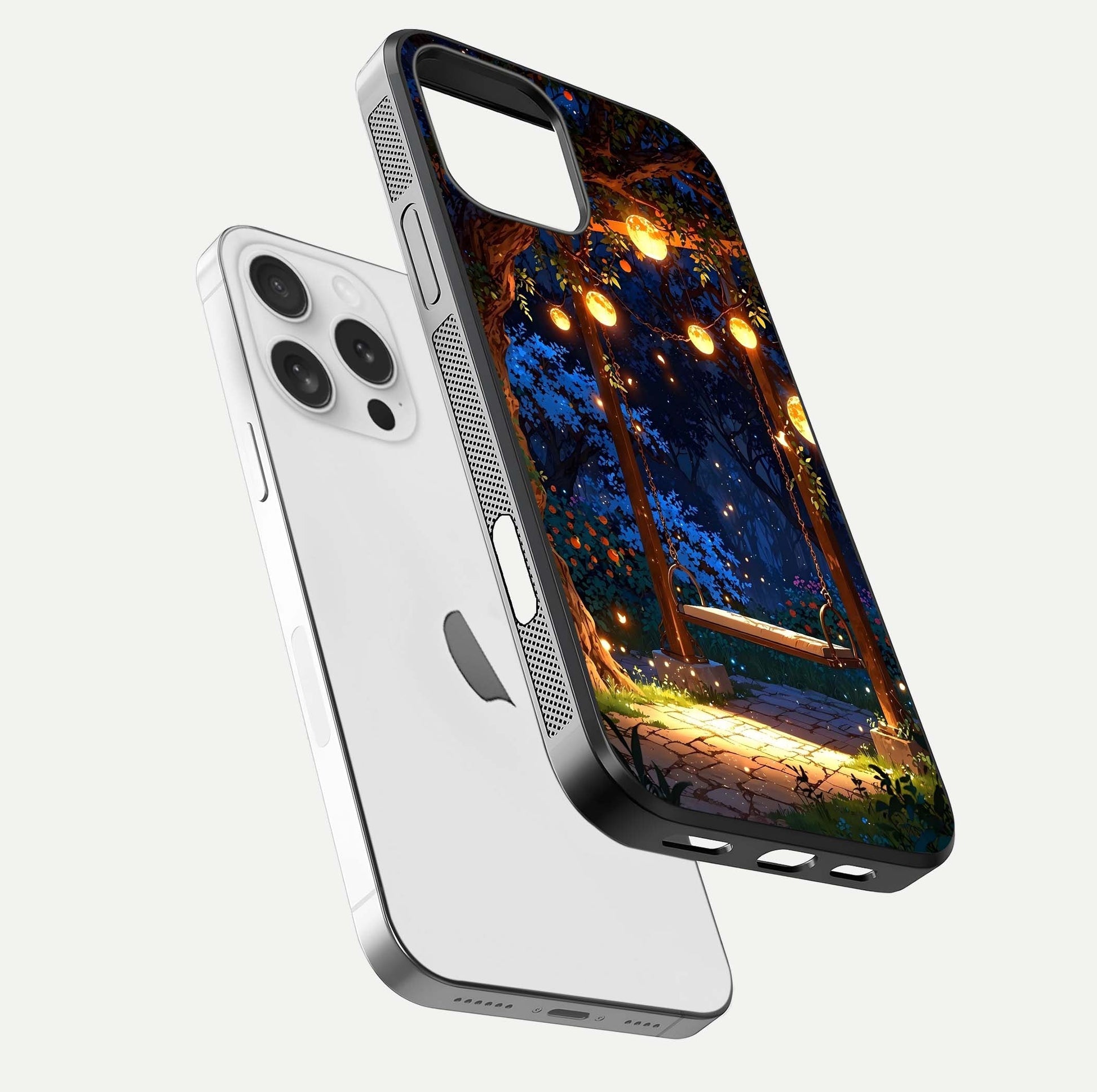 Twilight Garden Swing Glass Case for iPhone 16 Pro floating dual-view mockup displaying gloss and tone balance