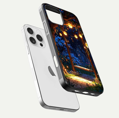 Twilight Garden Swing Glass Case for iPhone 16 Pro floating dual-view mockup displaying gloss and tone balance