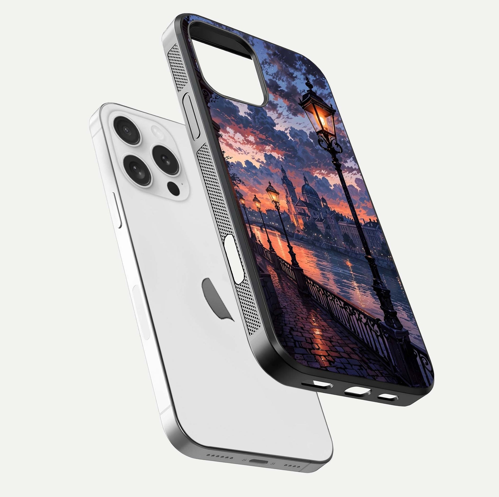 Twilight River Lights Glass Case for iPhone 16 Pro floating dual-view mockup displaying gloss shine and vivid details