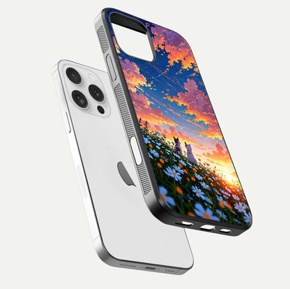 Two Cats Friends Glass Case for iPhone 16 Pro floating dual-view mockup displaying gloss surface and HD print