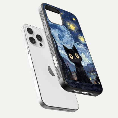 Van Gogh Cat Glass Case for iPhone 16 Pro floating dual-view mockup displaying gloss shine and artistic texture