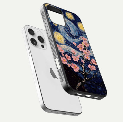 Van Gogh Scenery Glass Case for iPhone 16 Pro floating dual-view mockup displaying gloss reflection and HD quality