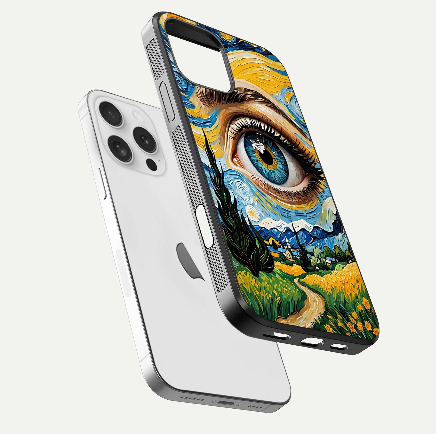Van Gogh Eye Glass Case for iPhone 16 Pro floating dual-view mockup displaying gloss texture and depth