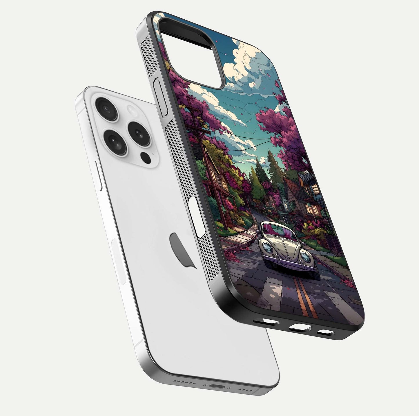 Vintage Street Drive Glass Case for iPhone 16 Pro floating dual-view mockup displaying gloss shine and texture