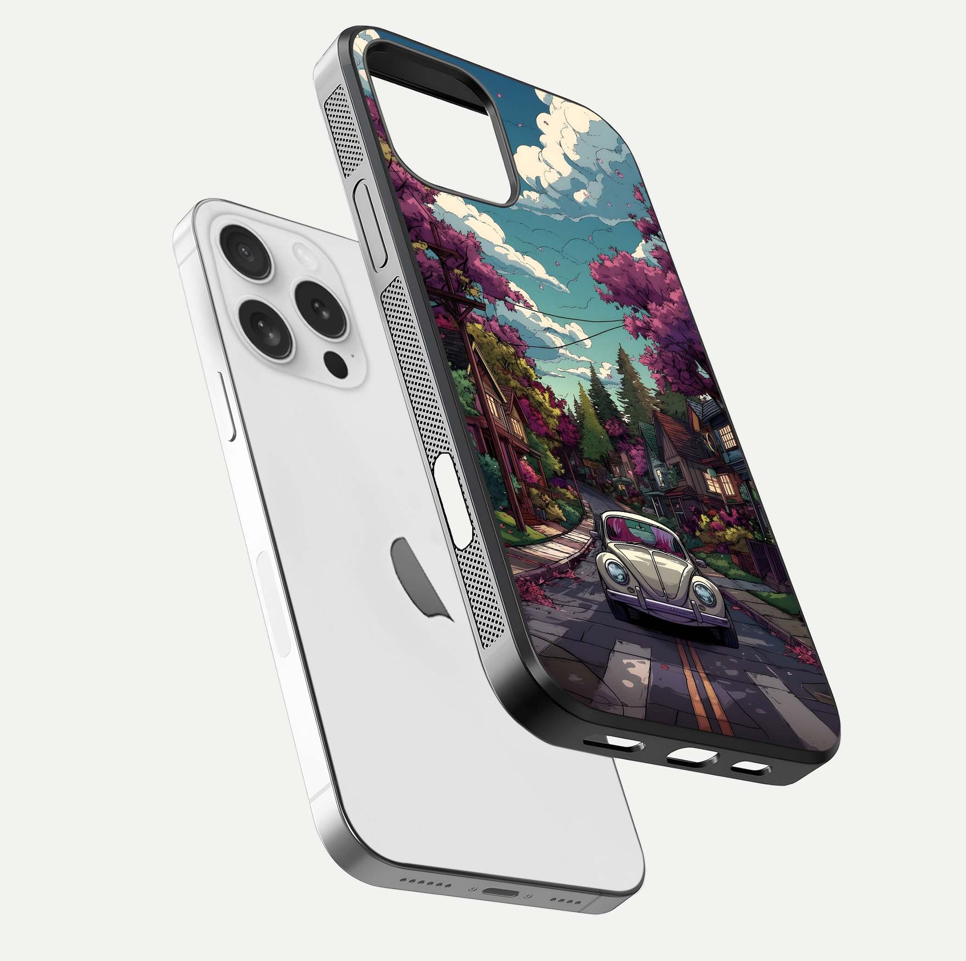 Vintage Street Drive Glass Case for iPhone 16 Pro floating dual-view mockup displaying gloss shine and texture