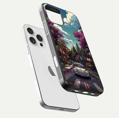 Vintage Street Drive Glass Case for iPhone 16 Pro floating dual-view mockup displaying gloss shine and texture