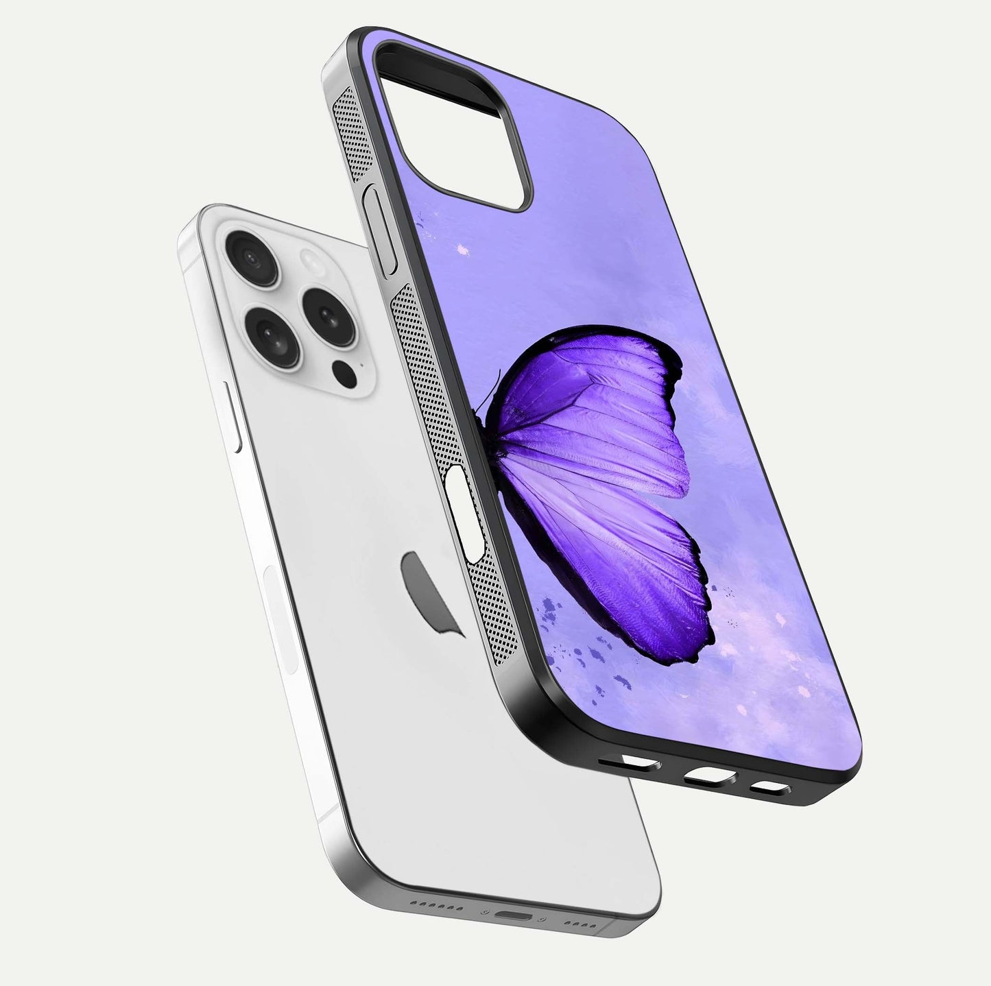 Violet Dream Wing Glass Case for iPhone 16 Pro floating dual-view mockup displaying gloss depth and clarity