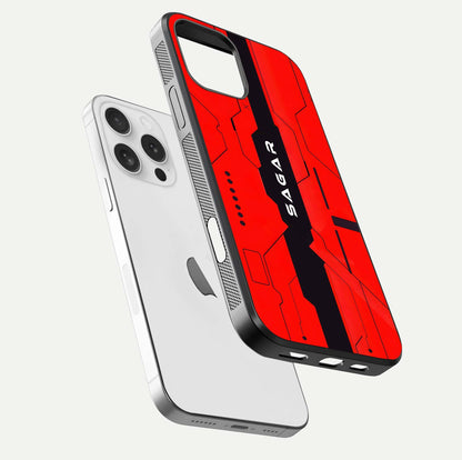 Voltage Rise CYBERPUNK Custom Name Glass Case for iPhone 16 Pro floating dual-view mockup displaying gloss shine and lighting