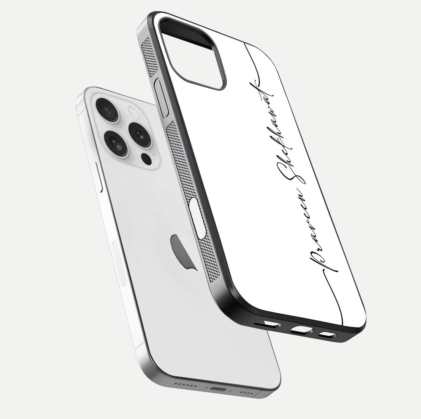 White Tune Custom Name Glass Case for iPhone 16 Pro floating dual-view mockup displaying gloss and HD detail
