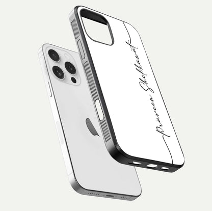 White Tune Custom Name Glass Case for iPhone 16 Pro floating dual-view mockup displaying gloss and HD detail