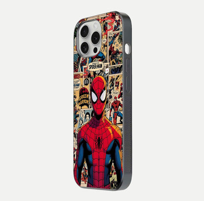 Aesthetic Spider Man Glass Case for iPhone 16 Pro side-angle image showing superhero comic print, camera module, and glossy finish reflection