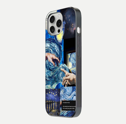 Aesthetic Vando Hands Glass Case for iPhone 16 Pro side-angle image showcasing hand design, protective edges, and gloss texture