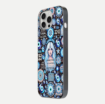 Angel Aura Shield Glass Case for iPhone 16 Pro side-angle photo showcasing aura details and glossy surface reflection