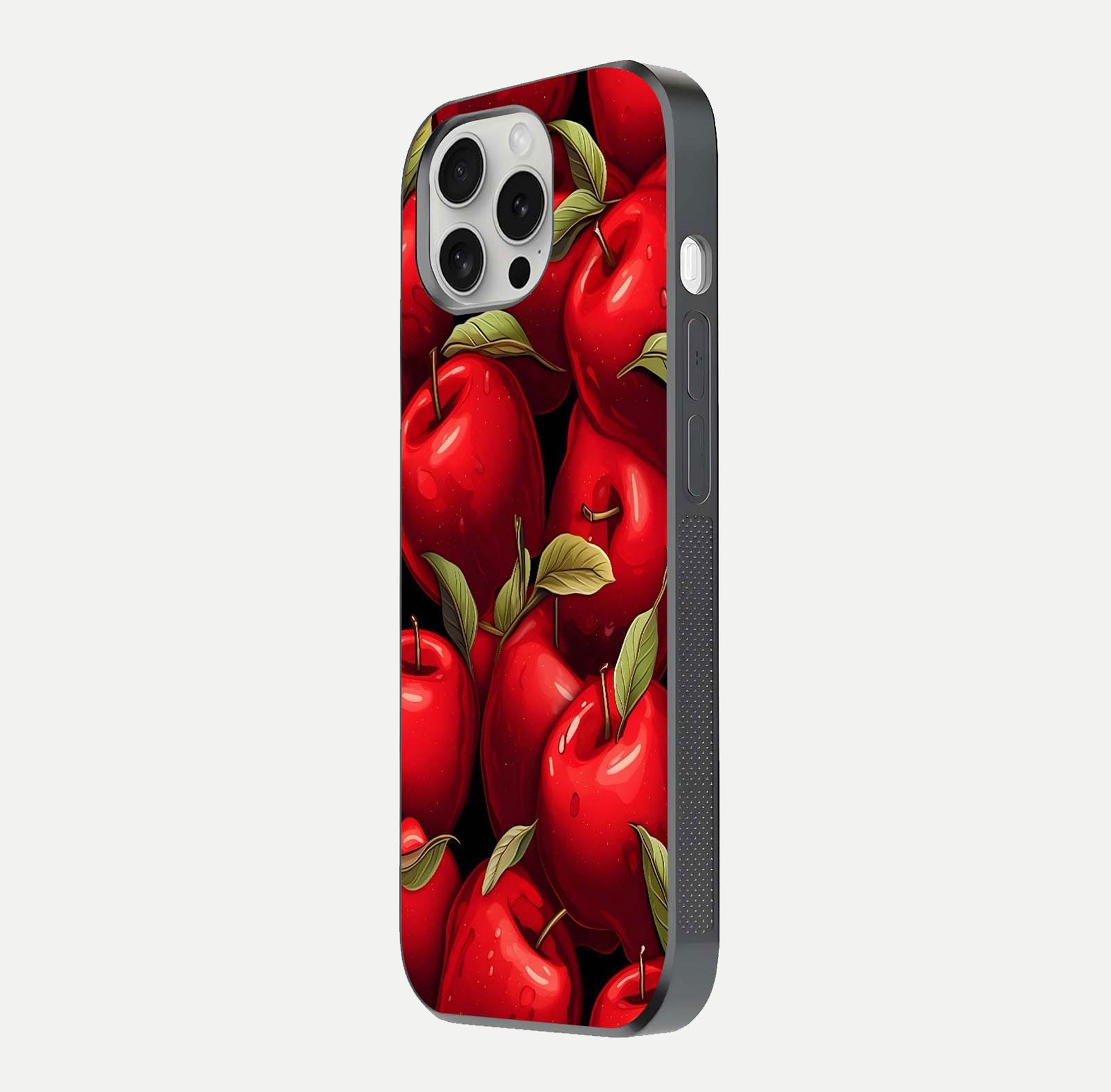Apple Pattern Glass Case for iPhone 16 Pro side-angle image showcasing minimalist apple print and gloss reflection
