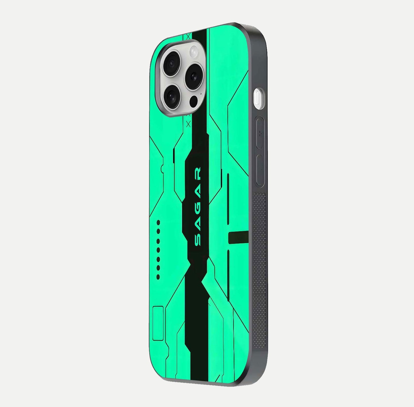 Aqua Tech CYBERPUNK Custom Name Glass Case for iPhone 16 Pro side-angle image with glowing edges and glossy surface