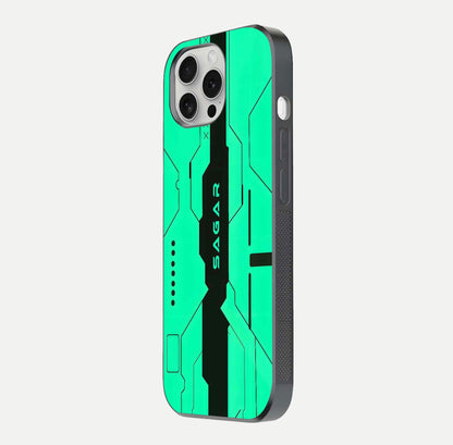 Aqua Tech CYBERPUNK Custom Name Glass Case for iPhone 16 Pro side-angle image with glowing edges and glossy surface