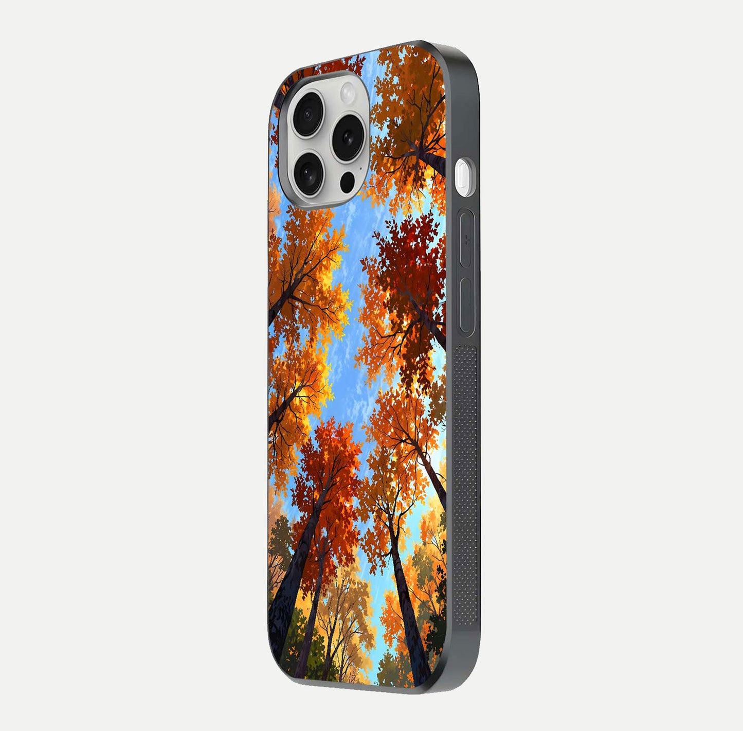 Autumn Sky Rise Glass Case for iPhone 16 Pro side-angle showing autumn art tones and protective corners