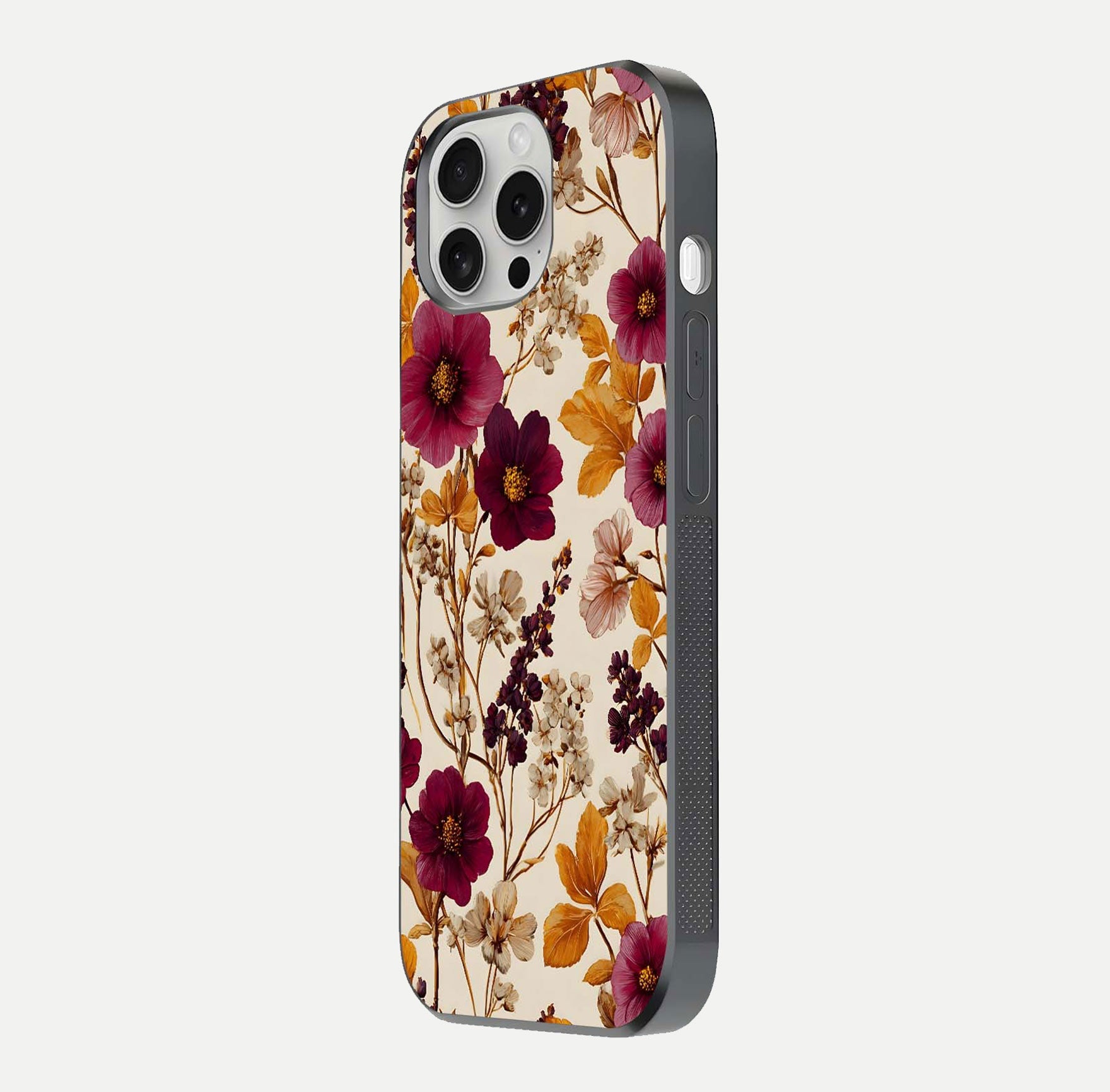Autumn Wine Bloom Glass Case for iPhone 16 Pro side-angle showcasing floral design, texture gloss, and camera frame