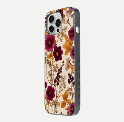 Autumn Wine Bloom Glass Case for iPhone 16 Pro side-angle showcasing floral design, texture gloss, and camera frame