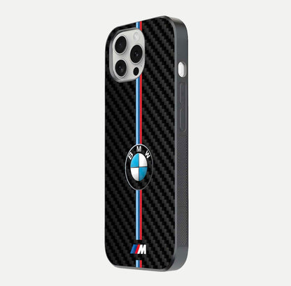 BMW Pattern Glass Case for iPhone 16 Pro side-angle image showing edge finish and luxury car-inspired shine