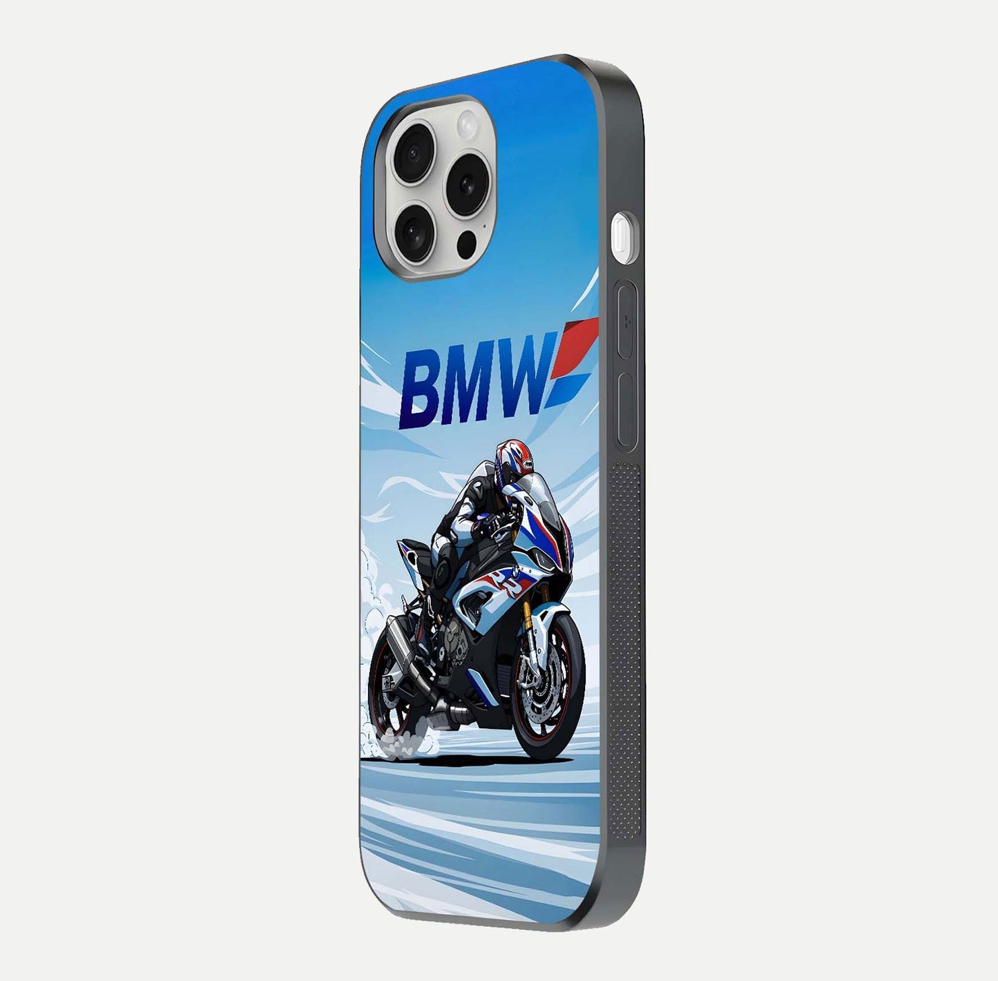 BMW Power Drift Glass Case for iPhone 16 Pro side-angle image emphasizing smooth finish and detailed design