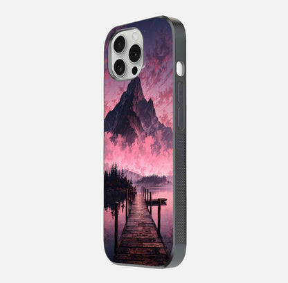 Beautyful Mountain View Glass Case for iPhone 16 Pro side-angle image displaying mountain artwork and gloss surface