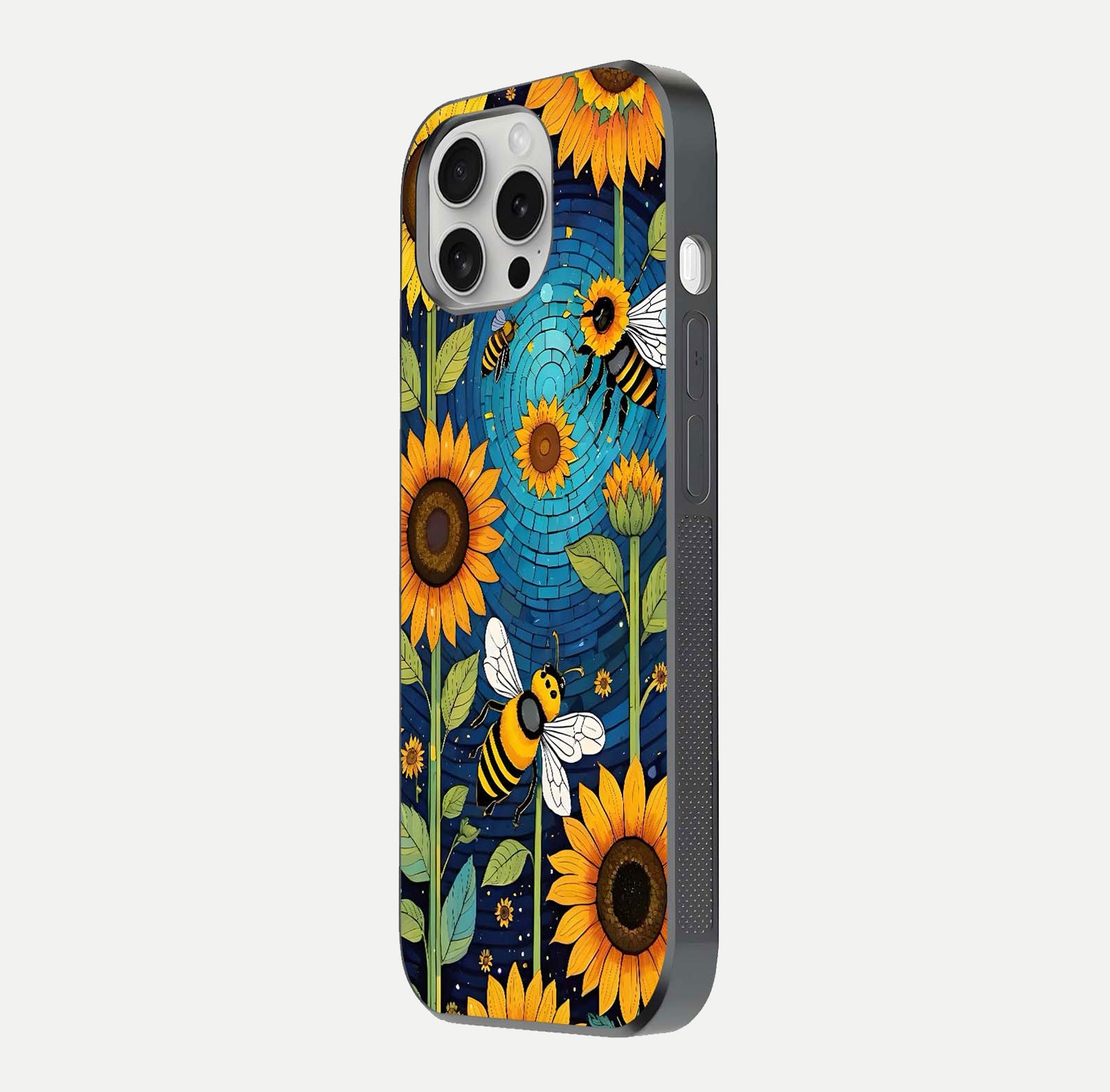 Bees & Sunflowers Glass Case for iPhone 16 Pro side-angle image showing bee pattern alignment and shiny protective surface