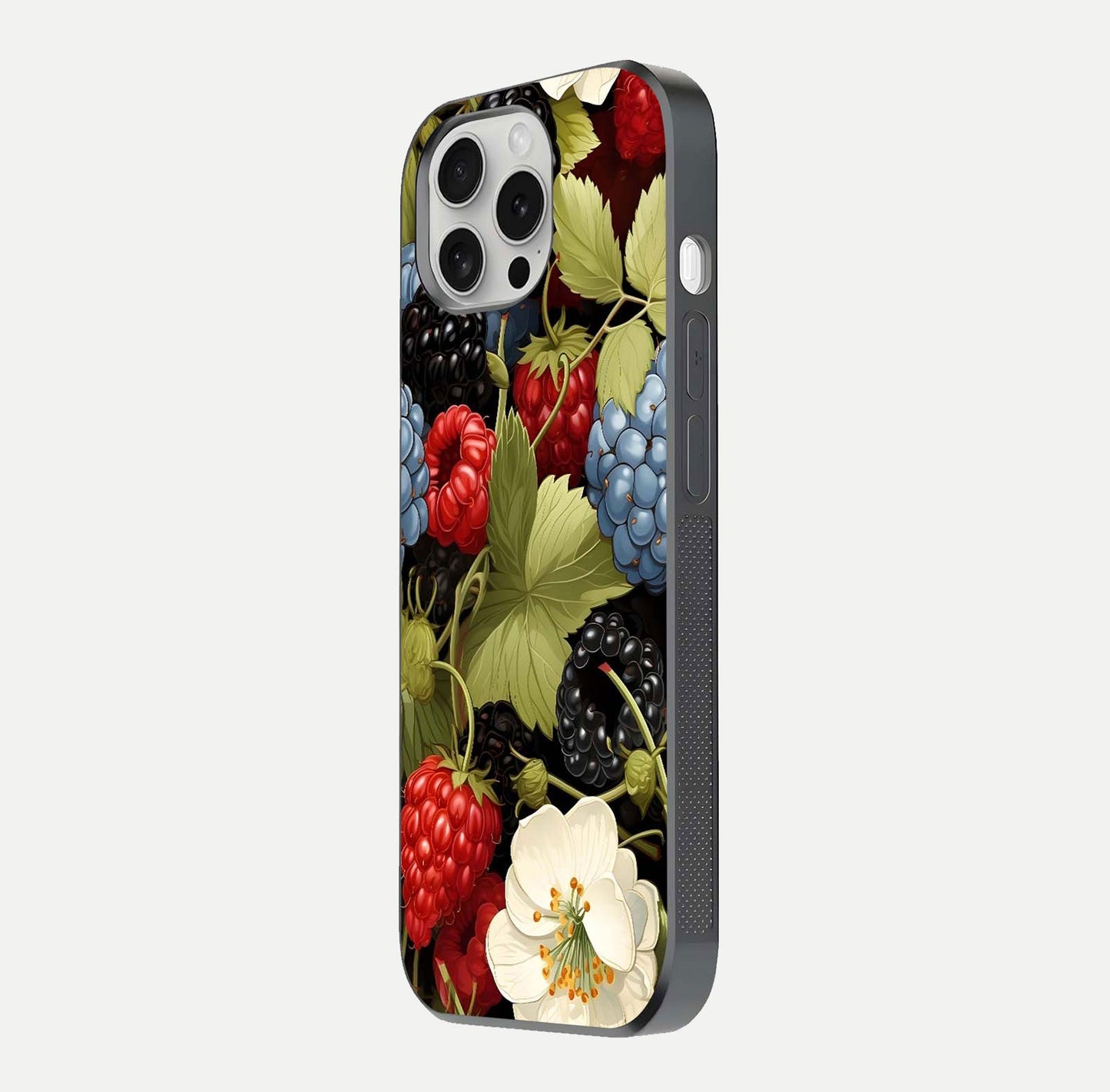 Berry Bloom Charm Glass Case for iPhone 16 Pro side-angle image showing floral texture and high-definition print gloss