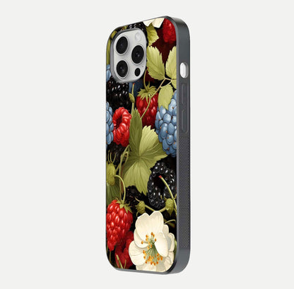 Berry Bloom Charm Glass Case for iPhone 16 Pro side-angle image showing floral texture and high-definition print gloss