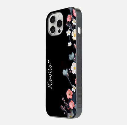 Black Elegance Floral Custom Name Glass Case for iPhone 16 Pro side-angle showing black gloss depth and delicate print texture