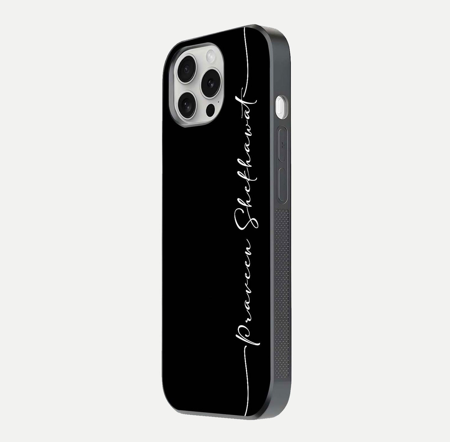 Black Tune Custom Name Glass Case for iPhone 16 Pro side-angle photo showing mirror-like surface and slim profile