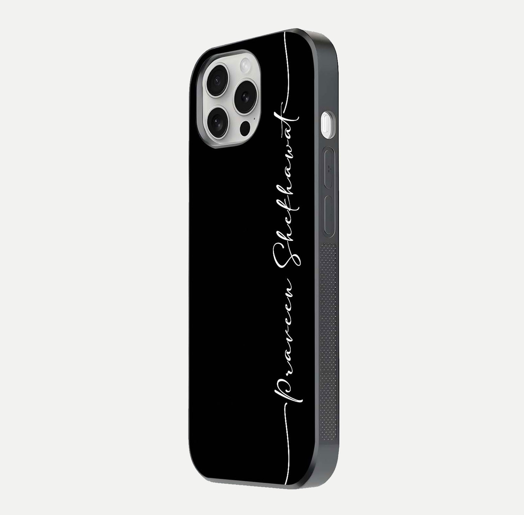 Black Tune Custom Name Glass Case for iPhone 16 Pro side-angle photo showing mirror-like surface and slim profile