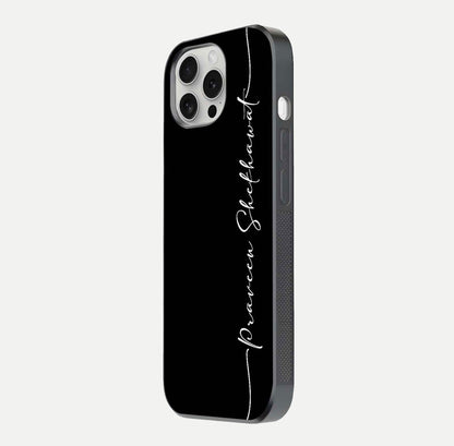 Black Tune Custom Name Glass Case for iPhone 16 Pro side-angle photo showing mirror-like surface and slim profile