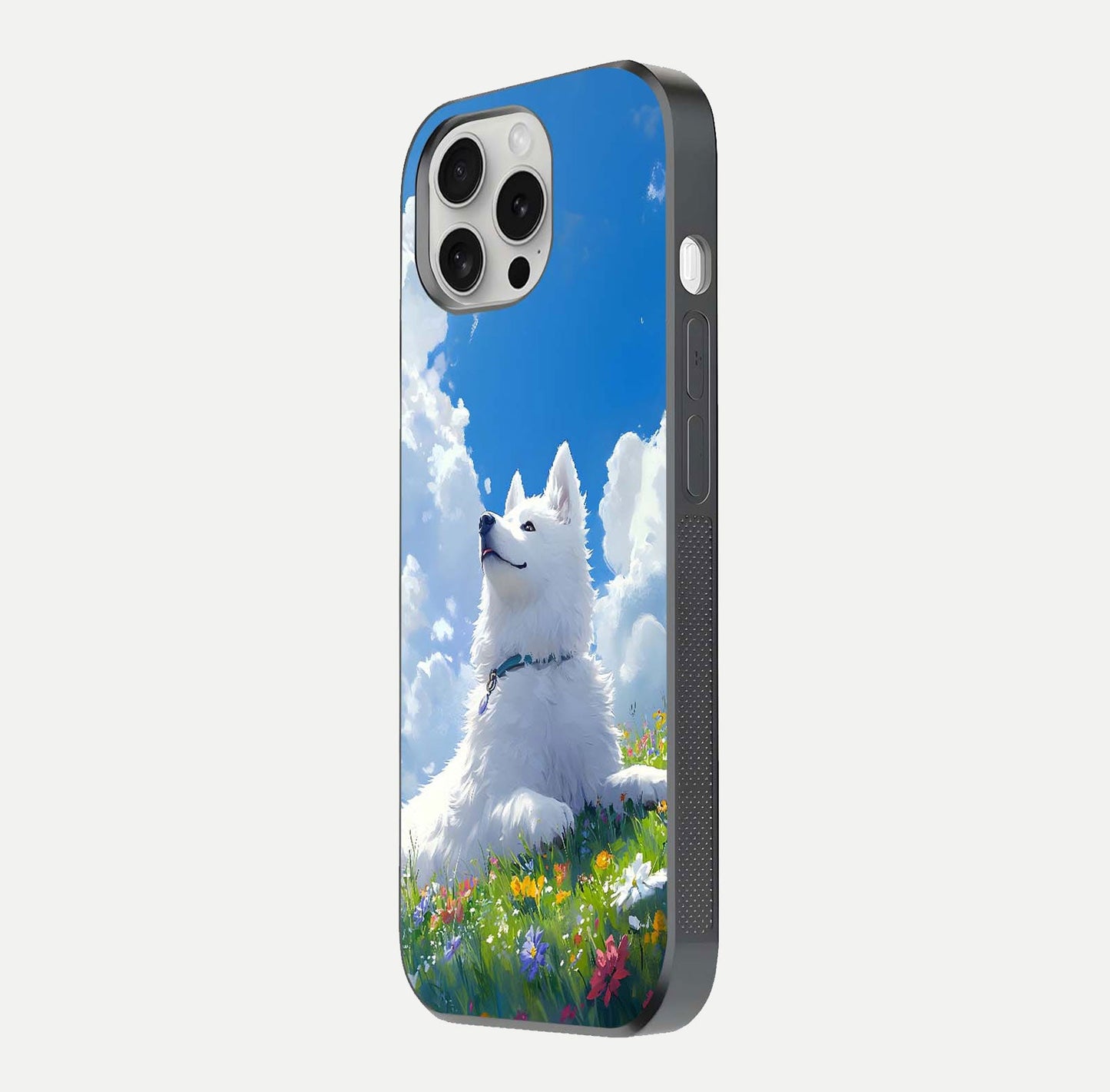 Blissful Cloud Pup Glass Case for iPhone 16 Pro side-angle shot displaying puppy print and glossy texture