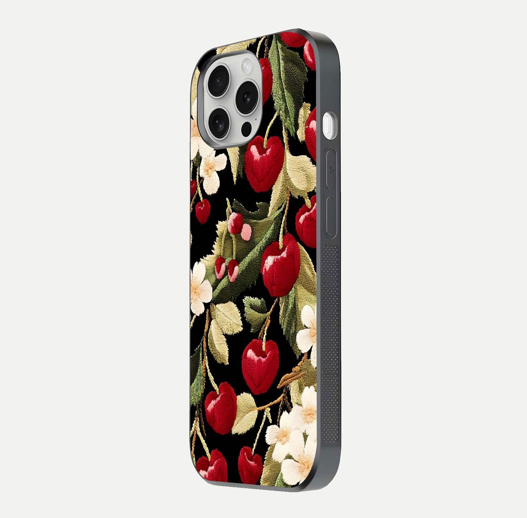 Bloom Thread Art Glass Case for iPhone 16 Pro side-angle image showing texture depth and gloss reflection