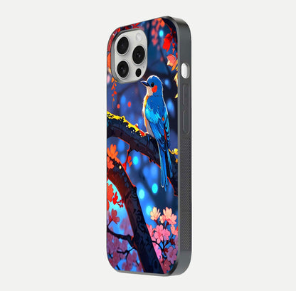 Blooming Spendor Bird Glass Case for iPhone 16 Pro side-angle photo showing floral wings and reflection finish