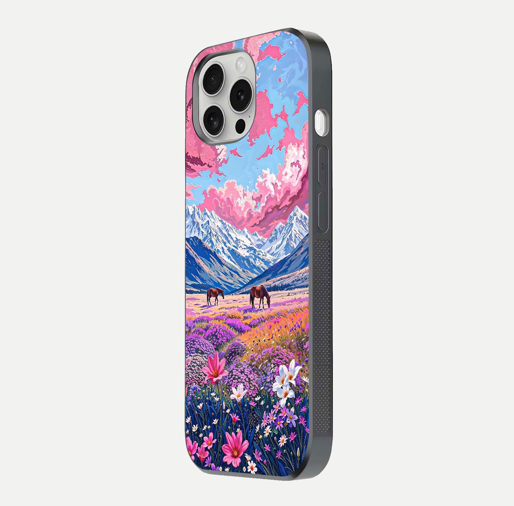 Blossom Valley Dream Glass Case for iPhone 16 Pro side-angle shot showcasing bloom tones and gloss texture
