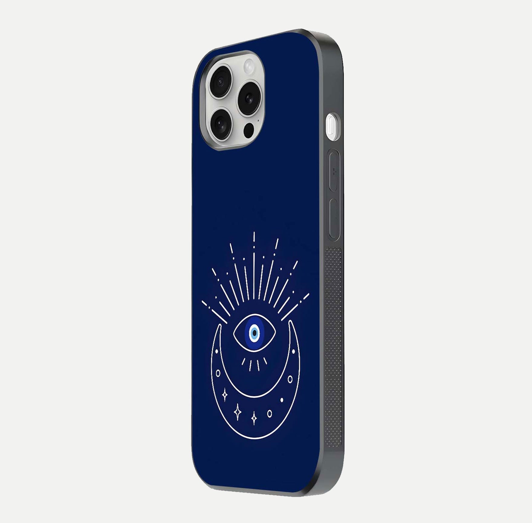 Blue Evil Eye Glass Case for iPhone 16 Pro side-angle view showing edge glow, color balance, and reflective surface