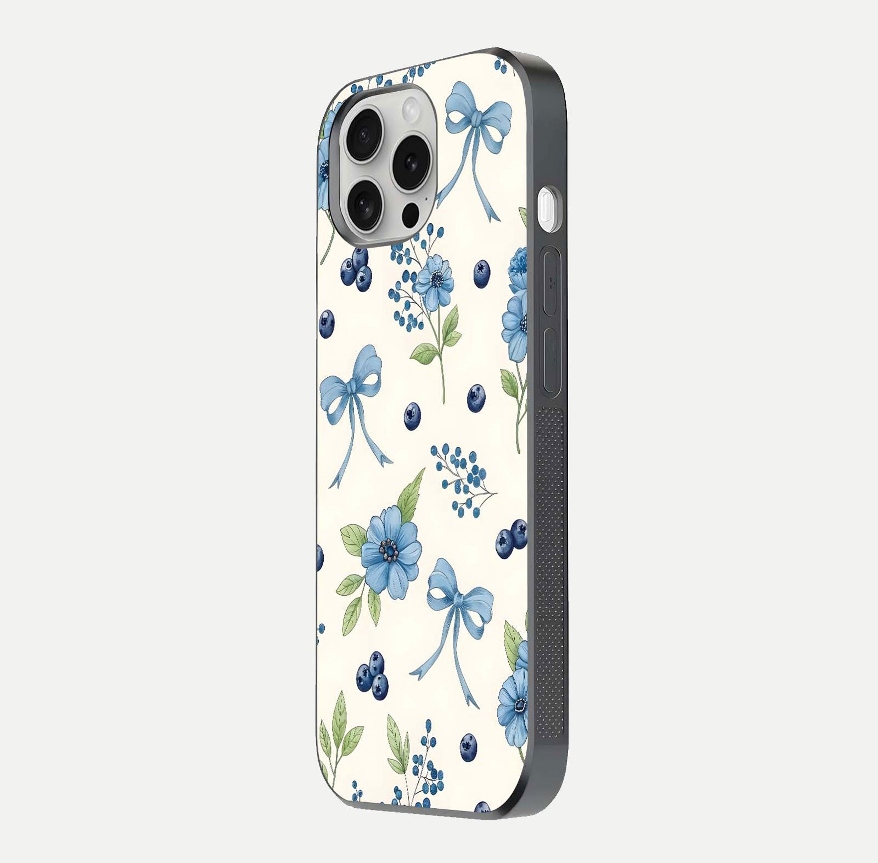 Blue Flower & Bow Glass Case for iPhone 16 Pro side-angle image showing bow-floral mix and HD finish shine