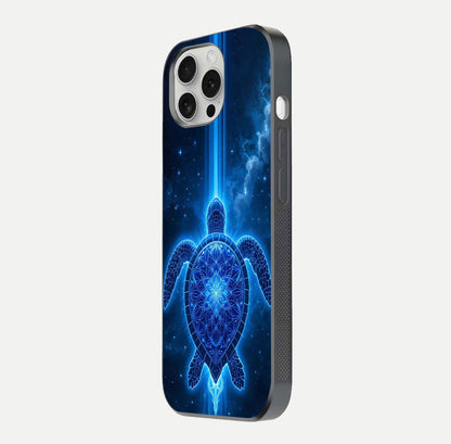 Blue Galaxy Turtle Glass Case for iPhone 16 Pro side-angle photo capturing galaxy shine and smooth edge design