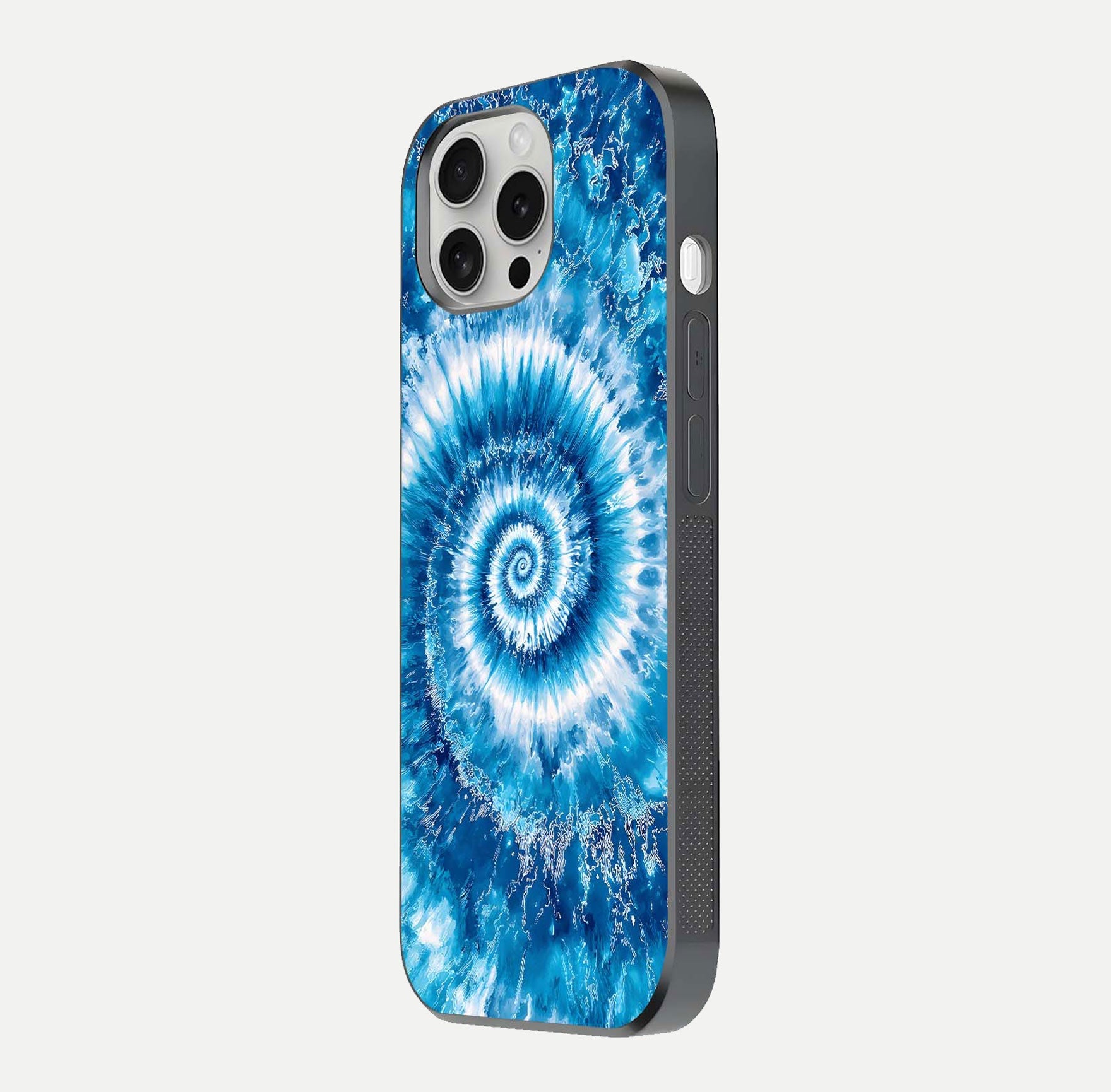 Blue Galaxy Wave Glass Case for iPhone 16 Pro side-angle image showing wave ripple art and glass gloss
