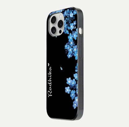 Blue Petal Dream Custom Name Glass Case for iPhone 16 Pro side-angle image showing name print clarity and smooth gloss