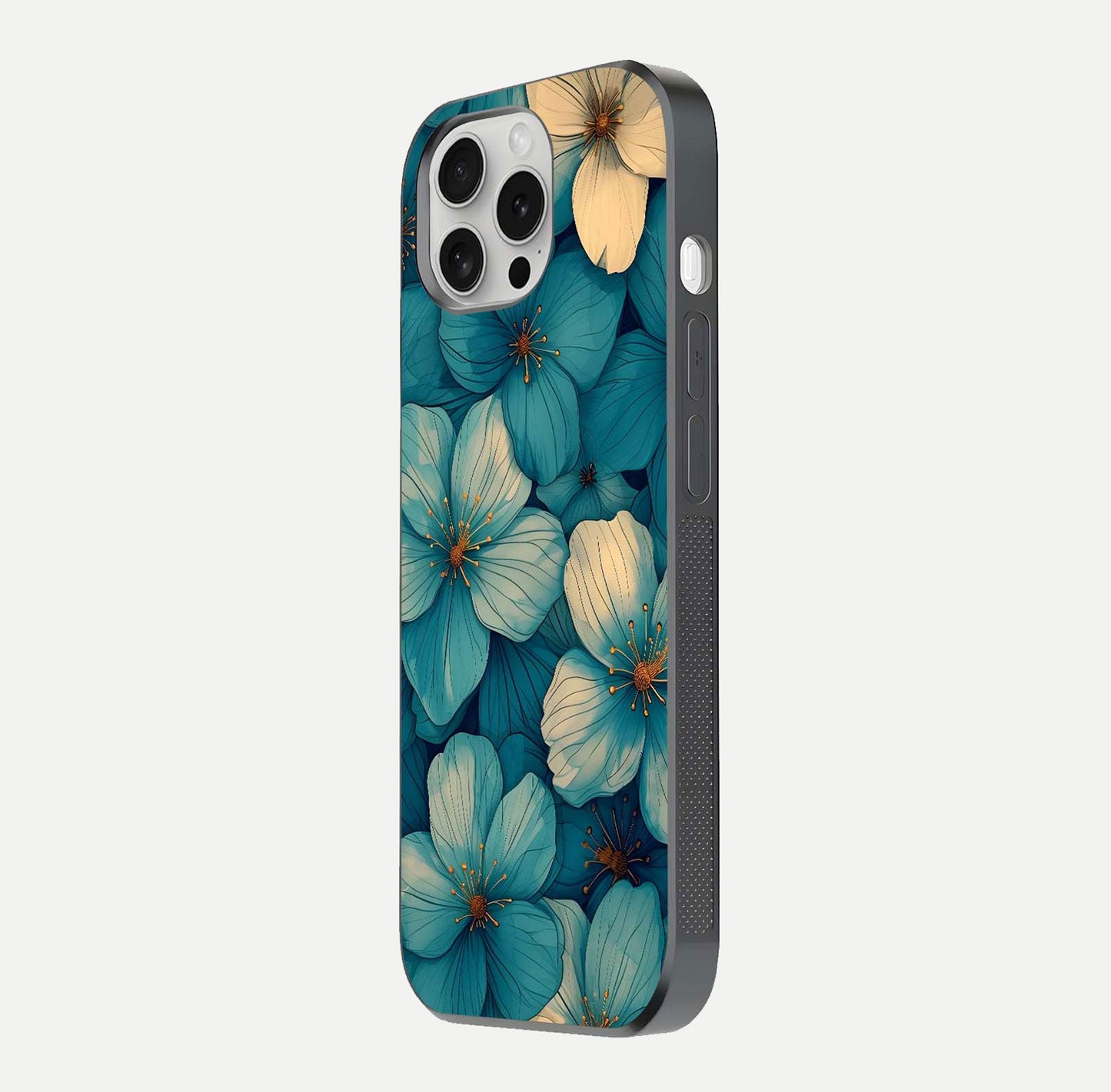 Blue Shade Floral Glass Case for iPhone 16 Pro side-angle photo showing detailed floral hues and curved glass shine