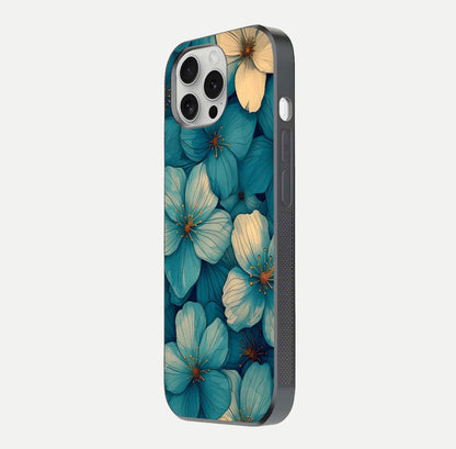Blue Shade Floral Glass Case for iPhone 16 Pro side-angle photo showing detailed floral hues and curved glass shine