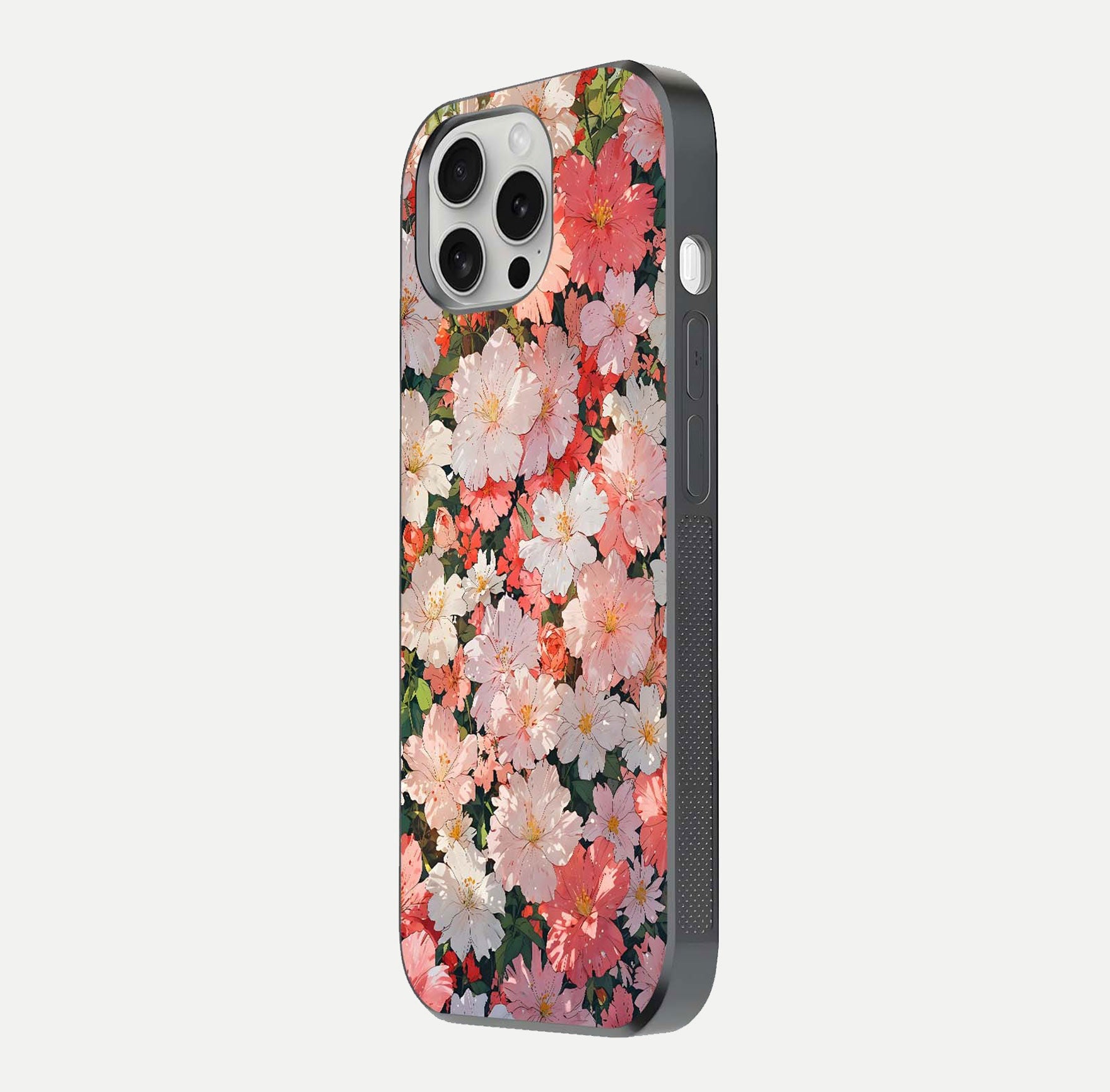 Blush Bloom Field Glass Case for iPhone 16 Pro side-angle image showing petal pattern gloss and smooth edges