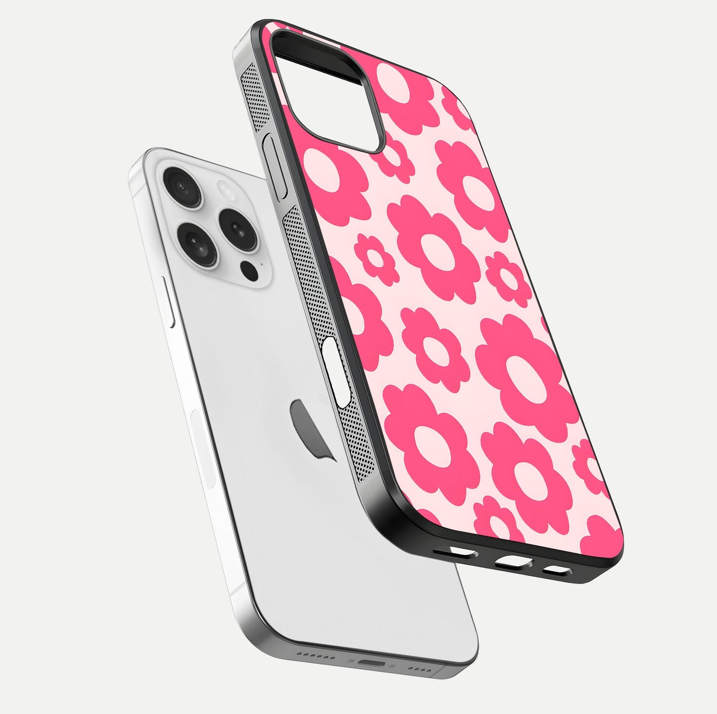 Blush Flower Pop iPhone 16 Pro glass phone case floating view emphasizing premium build and vibrant flower artwork